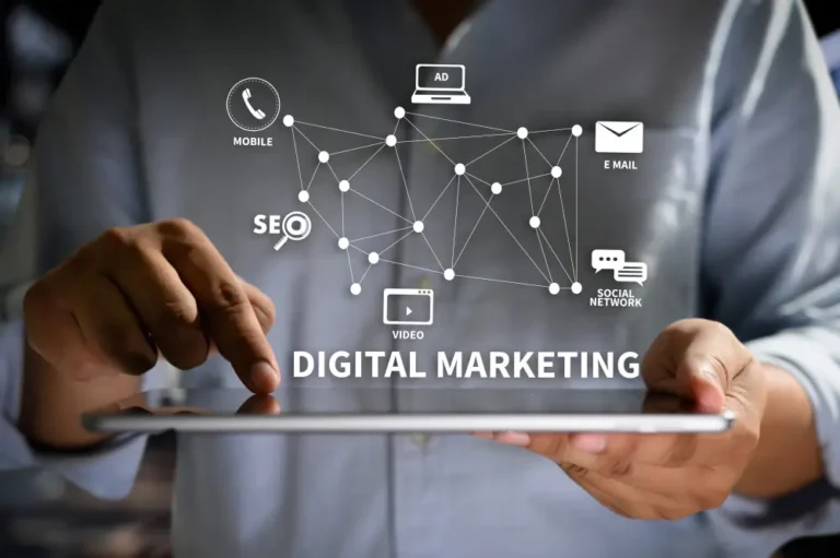 Digital marketing strategy concept showing SEO, social media, email, mobile, and video channels connected over a tablet device