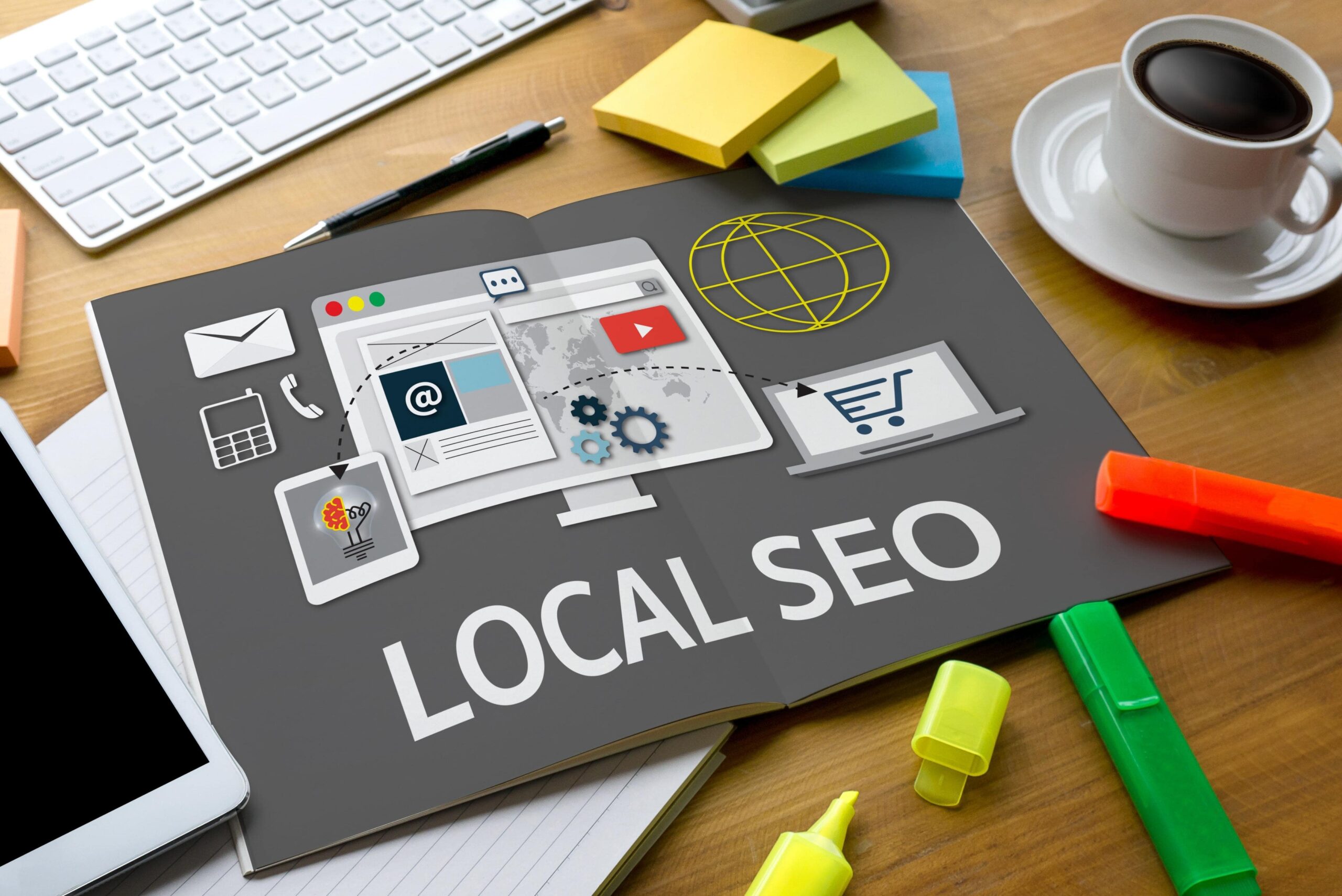 Local SEO concept illustration showing digital marketing elements like website optimization, email, mobile, and e-commerce on a desk workspace.