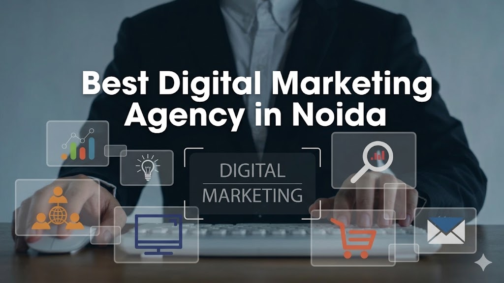 Professional digital marketing agency in Noida showcasing SEO, analytics, social media, and online growth strategies on a laptop interface