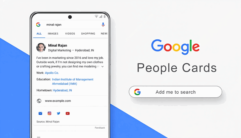 Google People Card example on a smartphone screen showing a personal profile with name, profession, location, and social links along with “Add me to search” feature