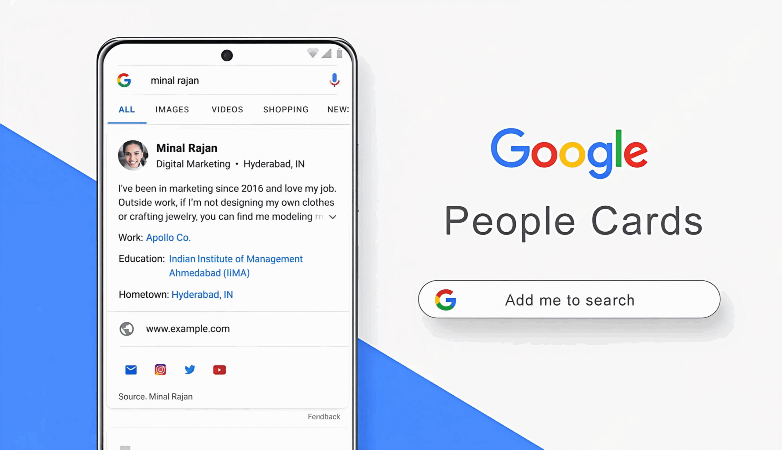 Google People Card example on a smartphone screen showing a personal profile with name, profession, location, and social links along with “Add me to search” feature