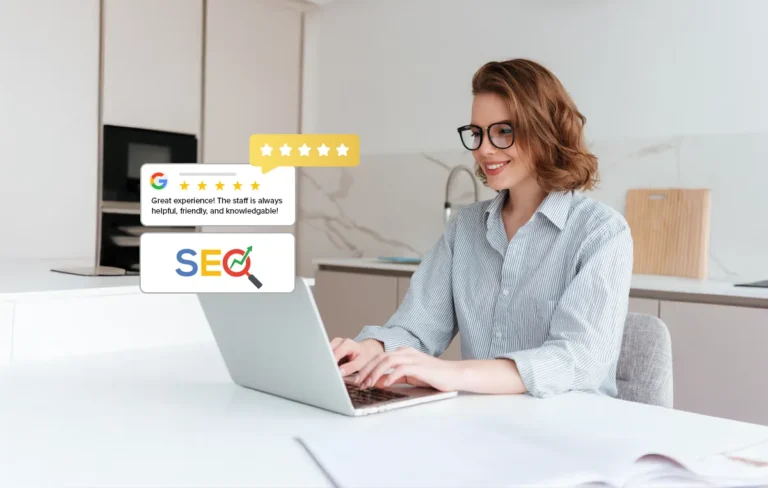 Woman working on a laptop with SEO graphics and Google review ratings displayed, representing the impact of customer reviews on search rankings.