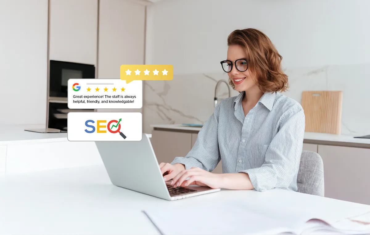 Woman working on a laptop with SEO graphics and Google review ratings displayed, representing the impact of customer reviews on search rankings.