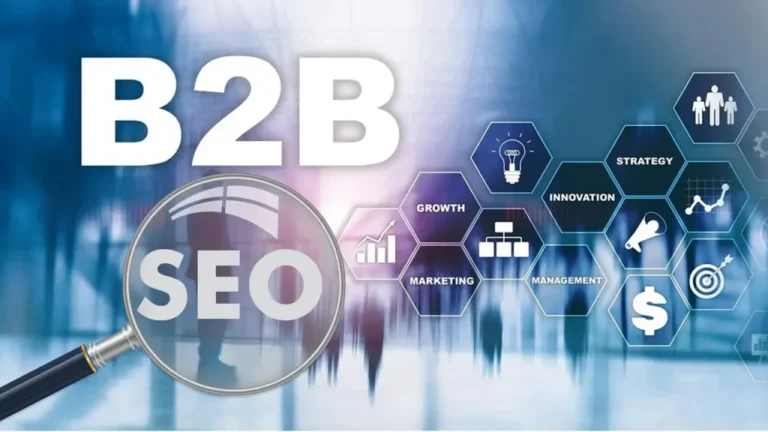 B2B SEO concept with magnifying glass highlighting SEO text alongside digital marketing icons for growth, strategy, and business management.