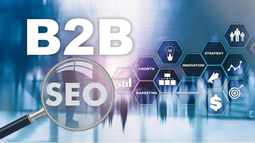 B2B SEO concept with magnifying glass highlighting SEO text alongside digital marketing icons for growth, strategy, and business management.