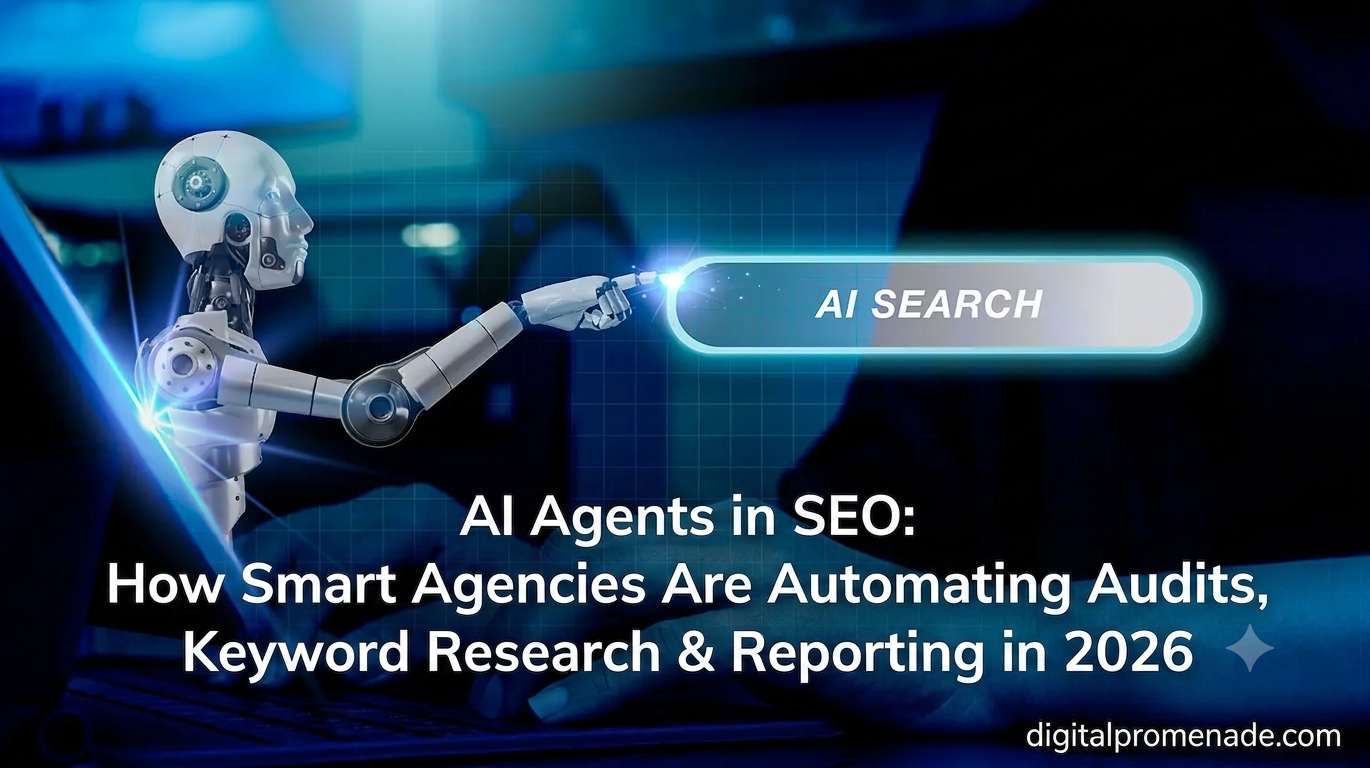 AI-powered SEO automation concept showing a robot interacting with an AI search interface, representing automated SEO audits, keyword research, competitor analysis, and reporting services by Digital Promenade.