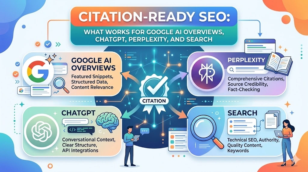 Infographic showing citation-ready SEO strategies for Google AI Overviews, ChatGPT, Perplexity, and traditional search engines, highlighting content relevance, structured data, authority, citations, and technical SEO best practices.