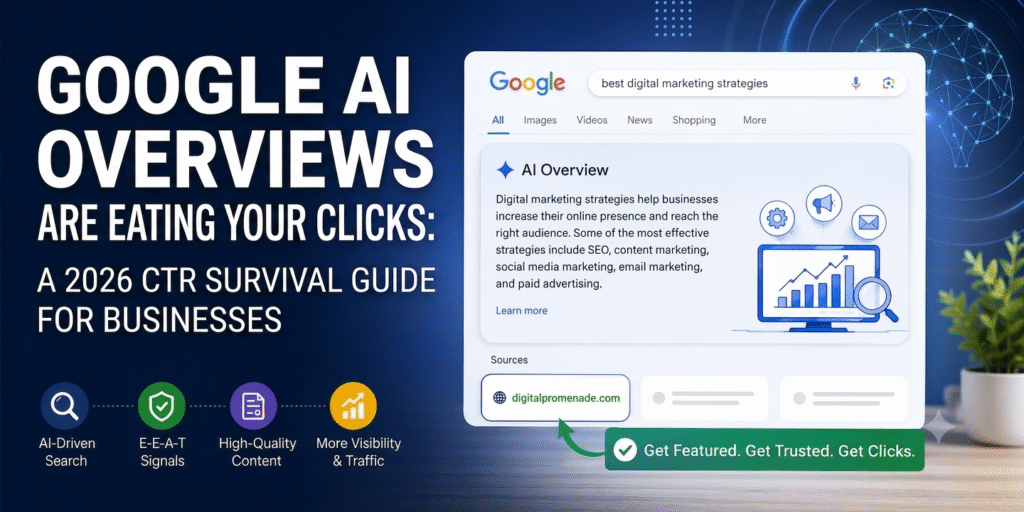 Google AI Overviews impact on organic search clicks, showing an AI-generated search result at the top of Google with Digital Promenade highlighted as a cited source. The graphic emphasizes AI-driven search, E-E-A-T signals, high-quality content, and strategies for improving visibility and traffic in 2026.