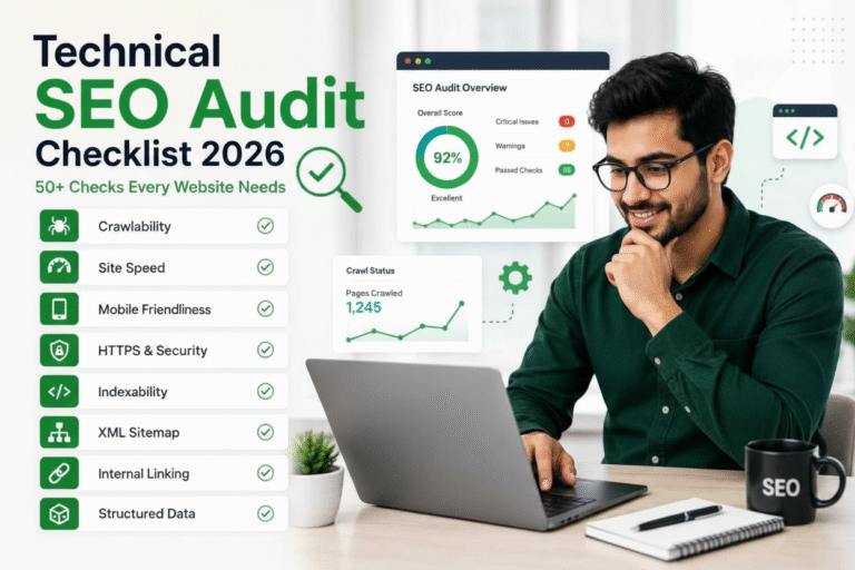 Technical SEO Audit Checklist 2026 showing SEO audit dashboard with crawlability, site speed, mobile friendliness, HTTPS security, indexability, XML sitemap, internal linking, and structured data checks.