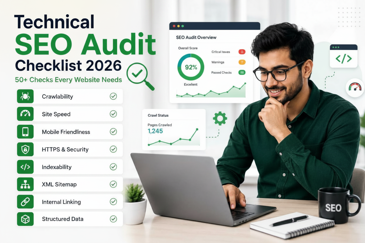 Technical SEO Audit Checklist 2026 showing SEO audit dashboard with crawlability, site speed, mobile friendliness, HTTPS security, indexability, XML sitemap, internal linking, and structured data checks.