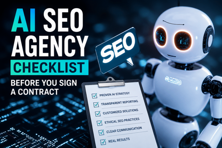 AI SEO agency checklist with a robot holding an SEO sign and a checklist highlighting key factors to consider before signing an SEO agency contract.