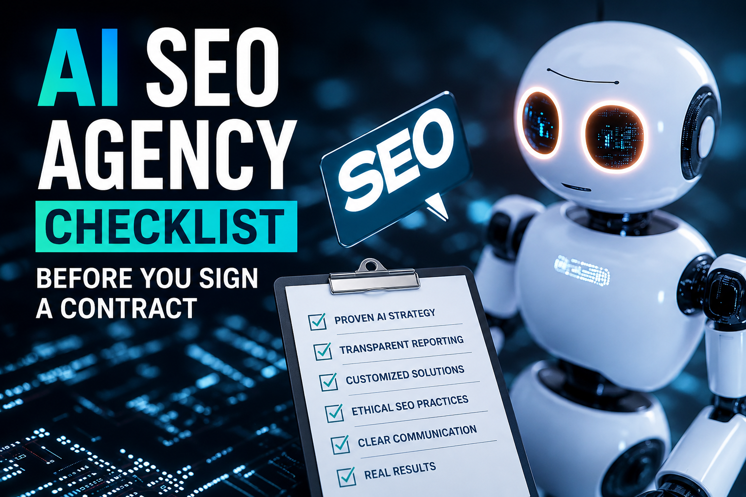 AI SEO agency checklist with a robot holding an SEO sign and a checklist highlighting key factors to consider before signing an SEO agency contract.