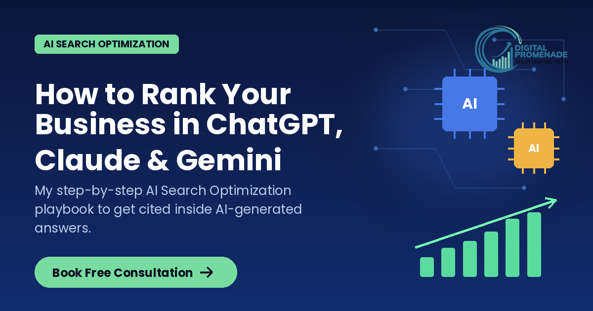How to rank your business in ChatGPT, Claude and Gemini - AI search optimization cover image with Digital Promenade logo