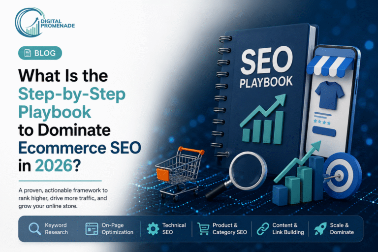 Digital Promenade blog graphic featuring an SEO playbook, ecommerce store, shopping cart, analytics chart, and the title “What Is the Step-by-Step Playbook to Dominate Ecommerce SEO in 2026?