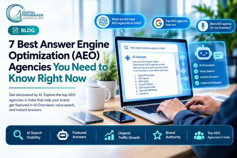 AI search results listing the top 7 answer engine optimization agencies in India on a laptop screen